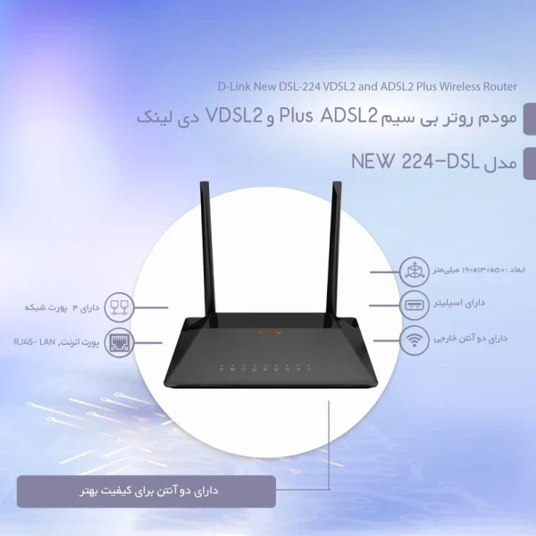 مودم روتر بی سیم ADSL2 Plus و VDSL2 دی لینک مدل DSL-224 NEW گارانتی زولتریکس